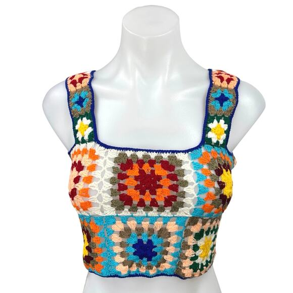 Sunset The Journey Tops - NEW Sunset The Journey Jasai Knit Granny Crochet Sleeveless Crop Top Sweater S